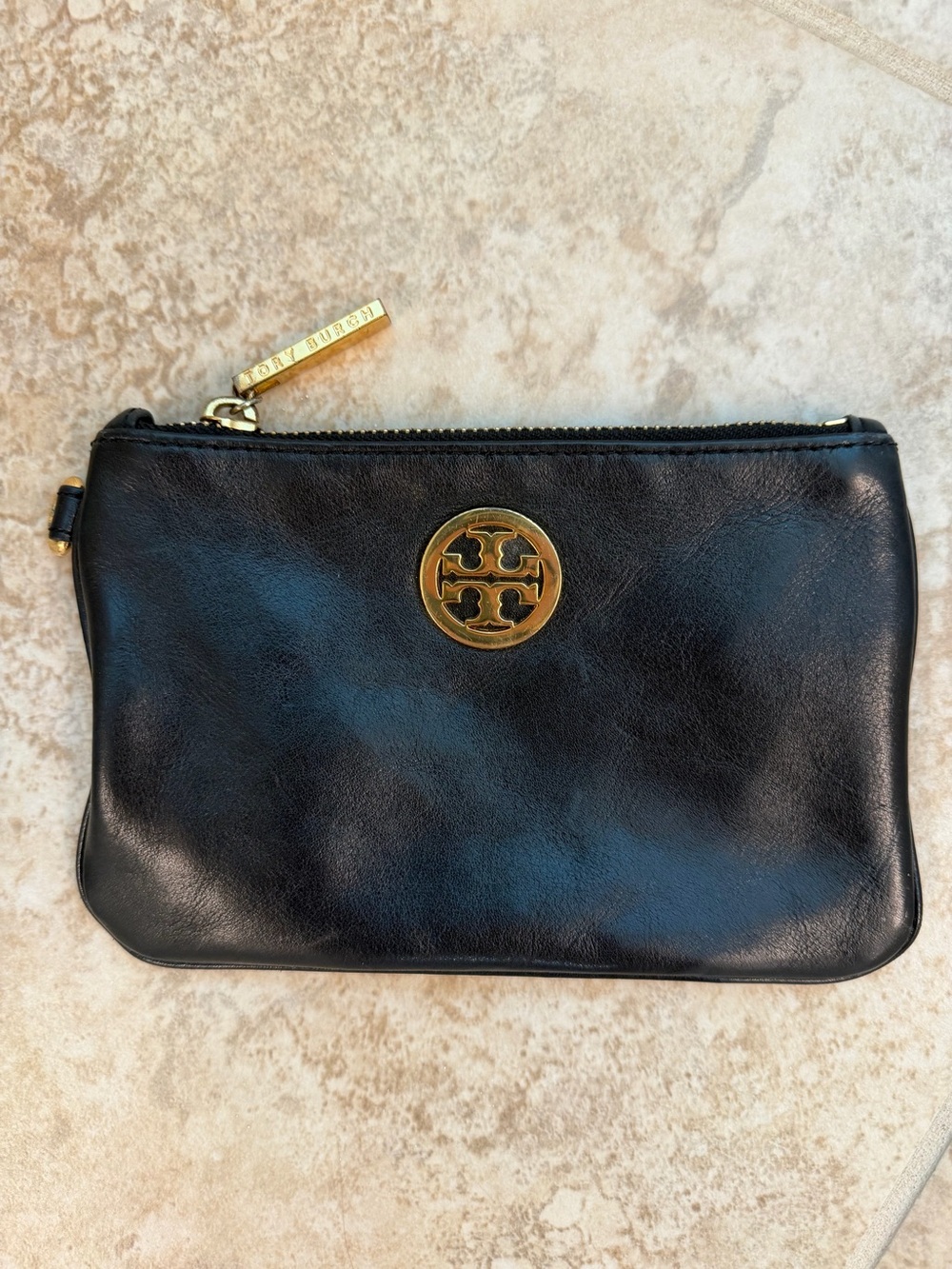 Tory Burch Reva Black Leather Zip Pouch Clutch Gold Logo